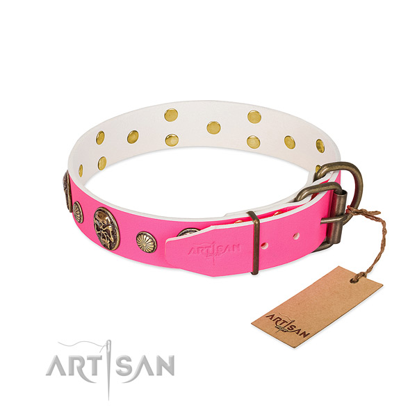 Rust resistant D-ring on full grain natural leather dog collar for your four-legged friend