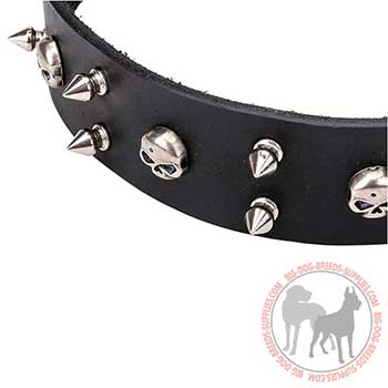 Black Leather Collar with Non-corrosive Skulls