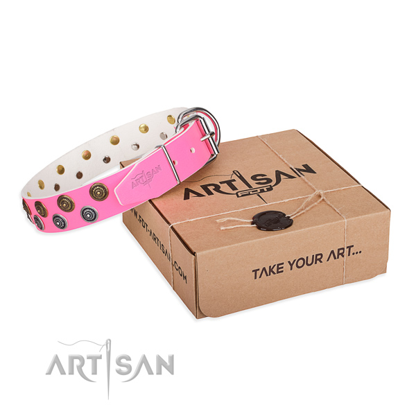 Embellished natural genuine leather dog collar for easy wearing
