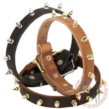 Dog Leather Collar with Steel Nickel Plated Spikes