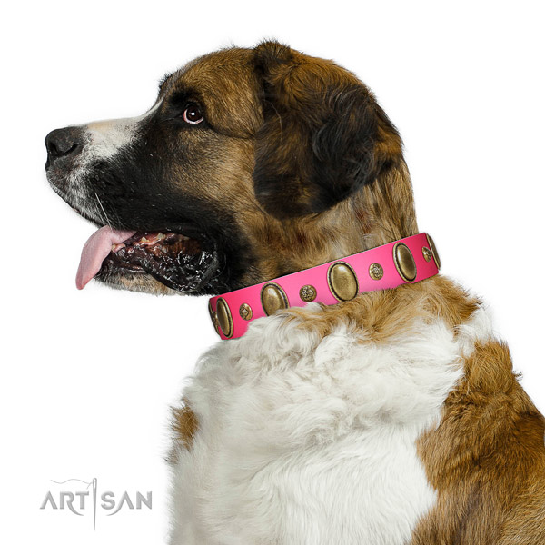 Daily walking reliable full grain natural leather dog collar with adornments