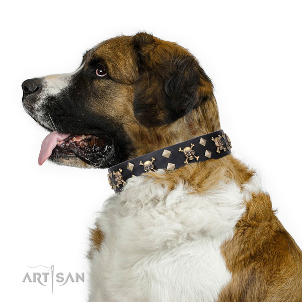 Moscow Watchdog adjustable natural genuine leather dog collar for daily walking