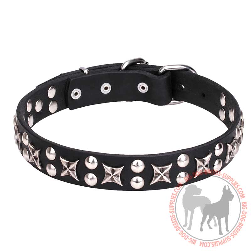 "Planets and Stars" Leather Dog Collar with Chrome Plated Decorations - 1 1/5 inch (30 mm)