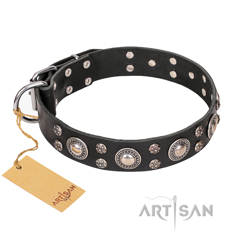 FDT Artisan 'Vintage Necklace' Studded Black Leather Dog Collar - 1 1/2 inch (40mm) wide - Click Image to Close