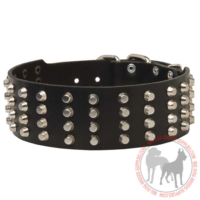 Elegant Extra Wide Leather Dog Collar with 4 Rows of Pyramids