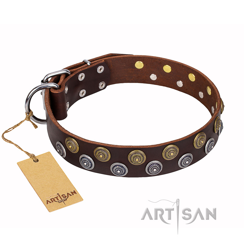 'Strong Shields' Handmade FDT Artisan Leather Dog Collar - 1 1/2 inch (40 mm) wide