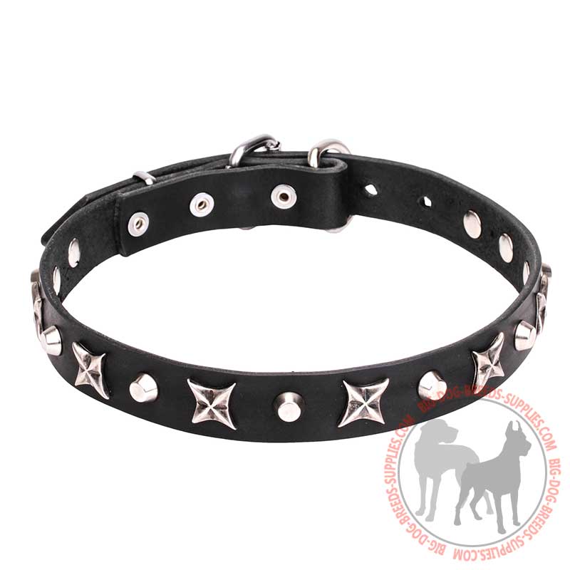 "Blazing Stars" Leather Dog Collar with Silver-color Stars and Pyramids - 4/5 inch (25 mm)