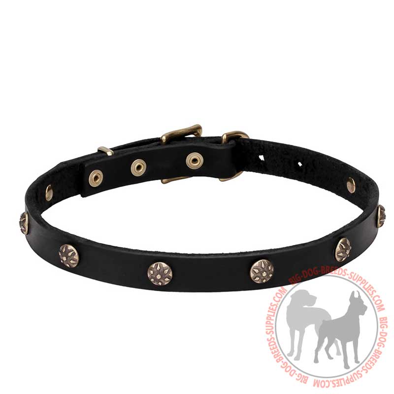 "Cloak and Sword" Leather Dog Collar with Carved Round Studs with Flowers