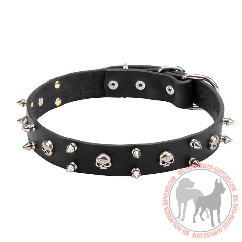 "Jolly Roger" Leather Dog Collar with Skulls and Spikes Decoration