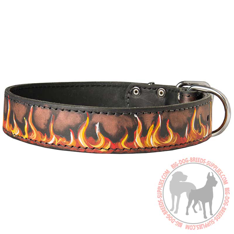 Painted in Flames Leather Dog Collar for Walking and Training