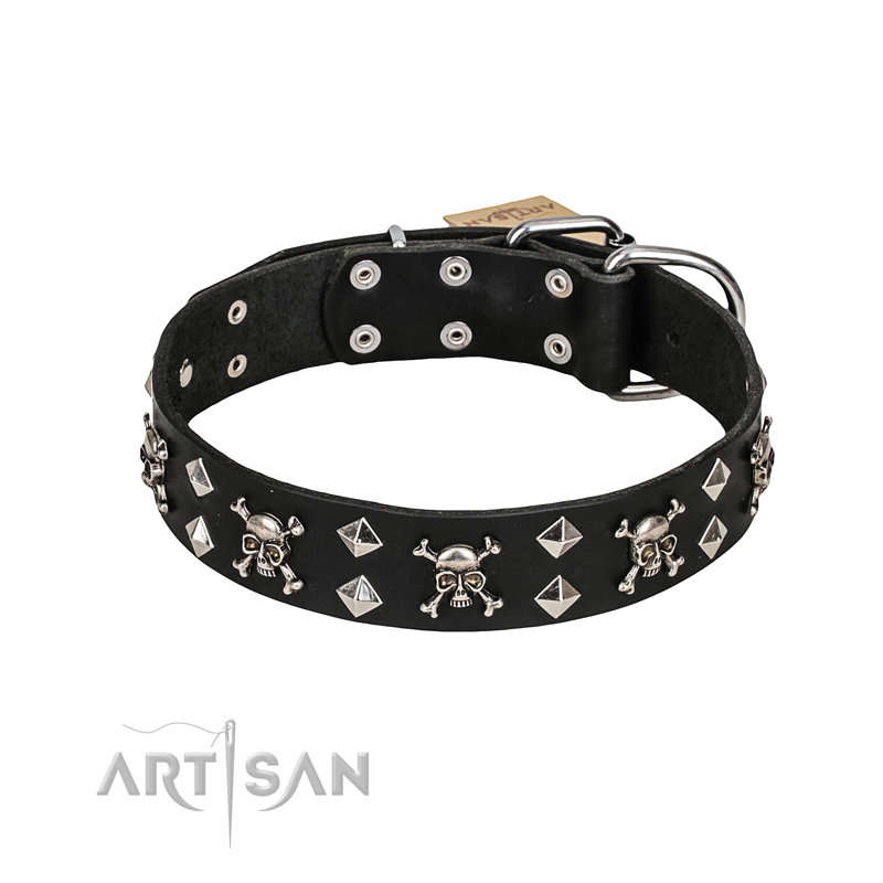 FDT Artisan 'Rock 'n' Roll Style' Leather Dog Collar with Skulls, Bones and Studs 1 1/2 inch (40 mm) wide