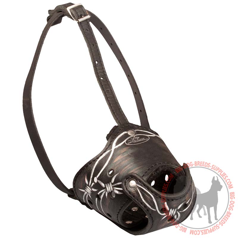 Adjustable Leather Dog Muzzle with Handpainted Barbed Wire
