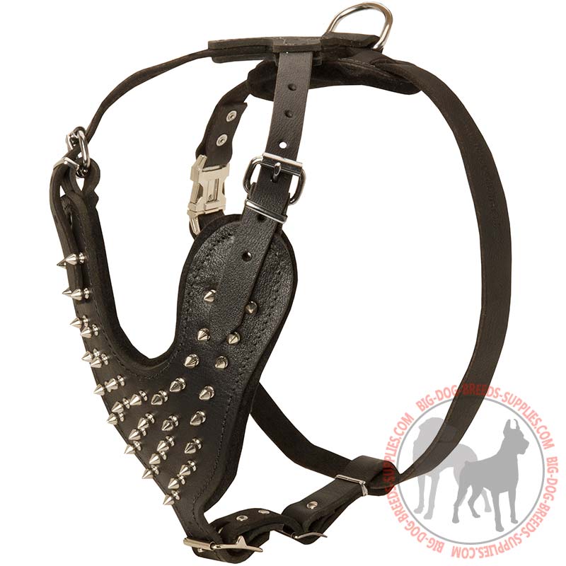 Adjustable Leather Dog Harness with Nickel Spikes for Daily Walking