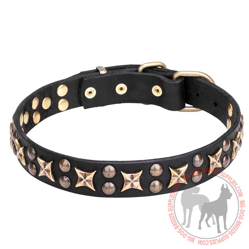 "Vintage Legacy" Leather Dog Collar with Old-like Stars and Studs - 1 1/4 inch (30 mm)