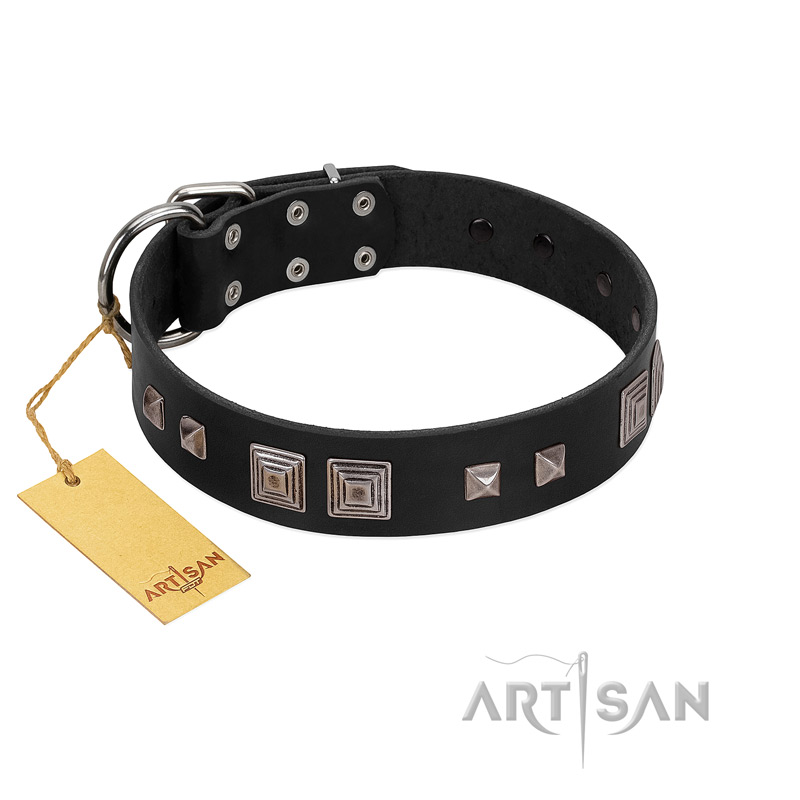 "Foregone Riches" FDT Artisan Black Leather dog Collar with Old Silver-like Square Studs and Pyramids - Click Image to Close