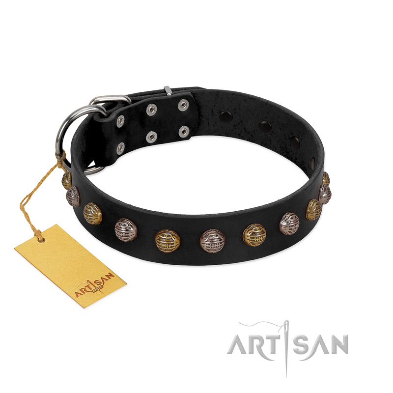 "Inky Prettification" FDT Artisan Black Leather dog Collar with One Row of Studs
