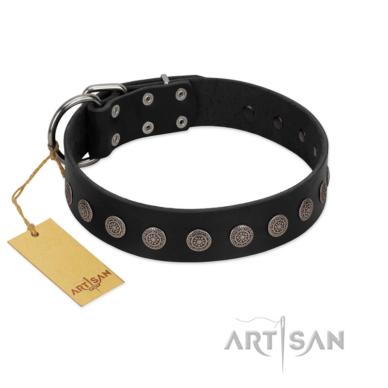 "Silent Star" Handmade FDT Artisan Designer Black Leather dog Collar with Engraved Plates