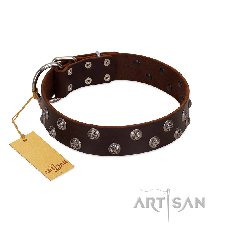 "Blossom Jewel" FDT Artisan Brown Leather dog Collar with Two Rows of Silver-like Studs with Engraved Flowers