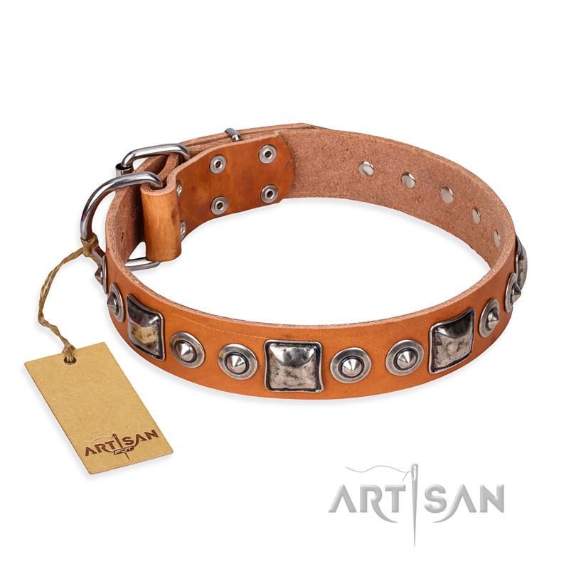 "Era of Future" FDT Artisan Handcrafted Tan Leather dog Collar with Decorations - Click Image to Close