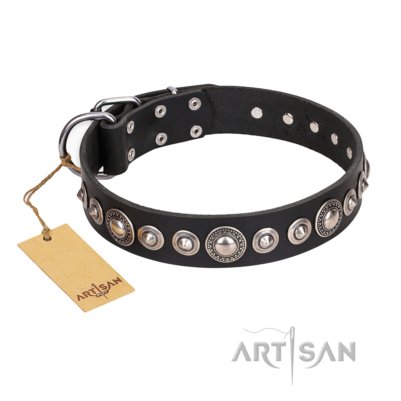 "Strict Elegance" FDT Artisan Black Leather dog Collar with Decorations - Click Image to Close