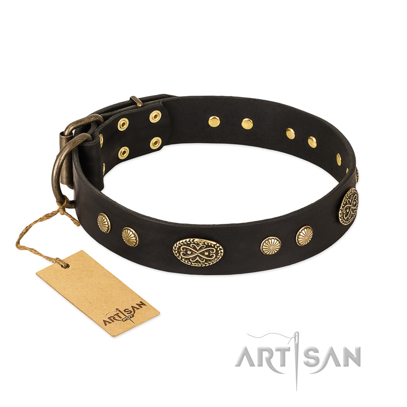 "Perfect Tracery" FDT Artisan Black Leather dog Collar with Old Bronze Look Plates and Circles