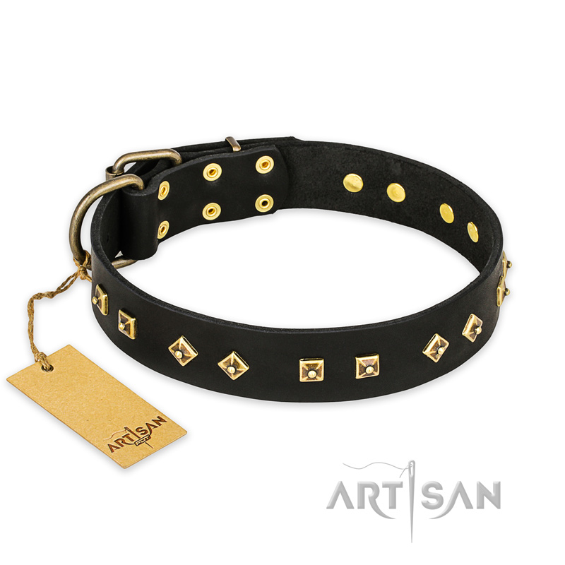"Rhomb Style" FDT Artisan Decorated Leather dog Collar with Old Bronze-Plated Studs 1 1/2 inch (40 mm) Wide