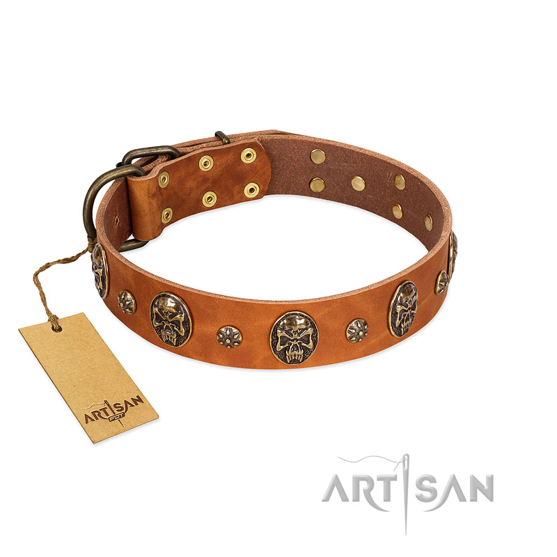 "Rockstar" FDT Artisan Tan Leather dog Collar with Engraved Studs and Medallions
