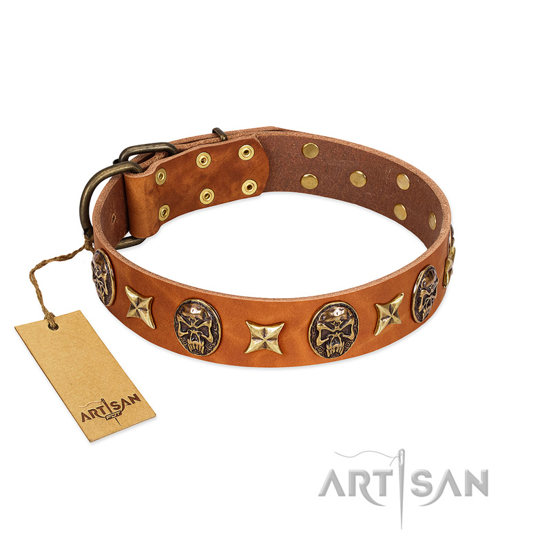 "Rockin' Doggie" FDT Artisan Tan Leather dog Collar Adorned with Stars and Skulls - Click Image to Close