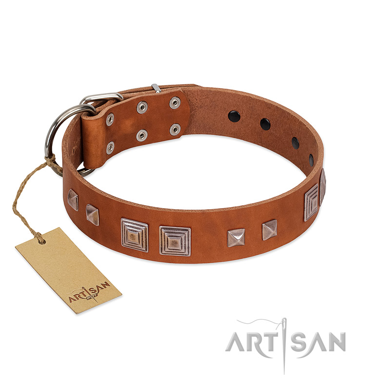 "Egyptian Gifts" Handmade FDT Artisan Tan Leather dog Collar with Chrome-plated Pyramids - Click Image to Close