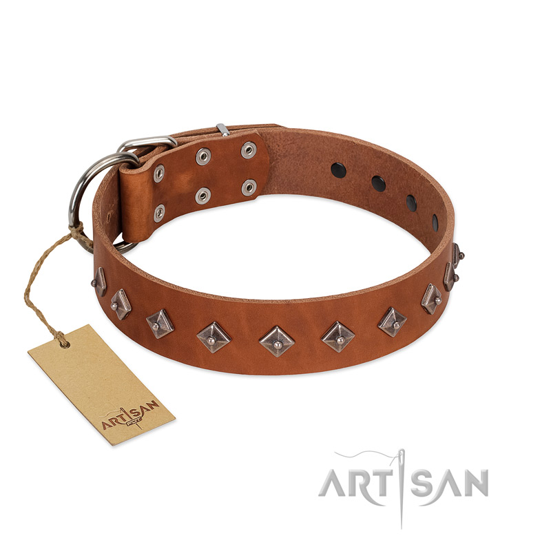 "Broadway" Handmade FDT Artisan Tan Leather dog Collar with Dotted Pyramids