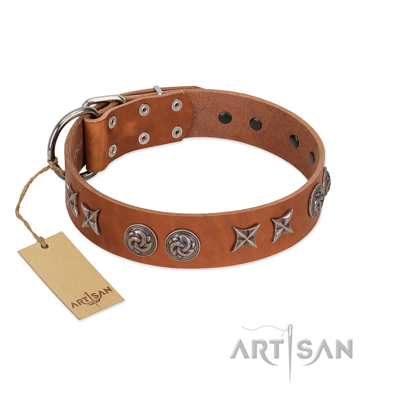 "Brave Spirit" Handmade FDT Artisan Designer Tan Leather dog Collar with Shields - Click Image to Close