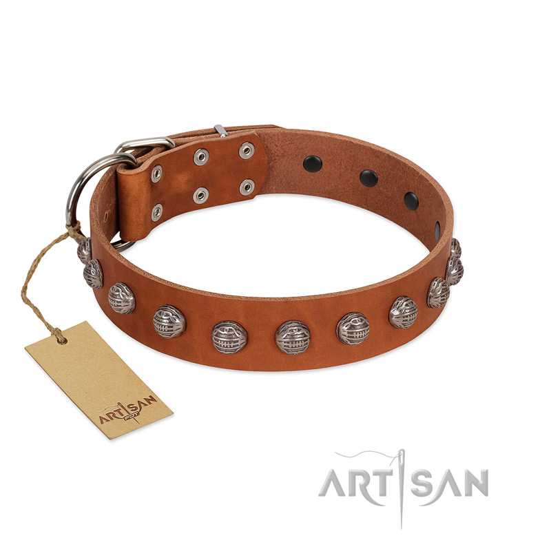 "Heroic Deeds" Designer Handmade FDT Artisan Tan Leather dog Collar